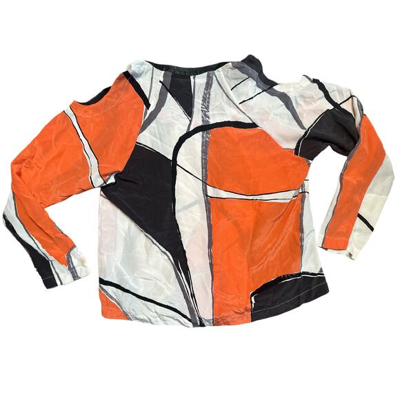 Yigal Azrouel Orange Multicolor Cold Shoulder 3/4 Sleeve Silk Blouse Top Sz 8 - Picture 2 of 8